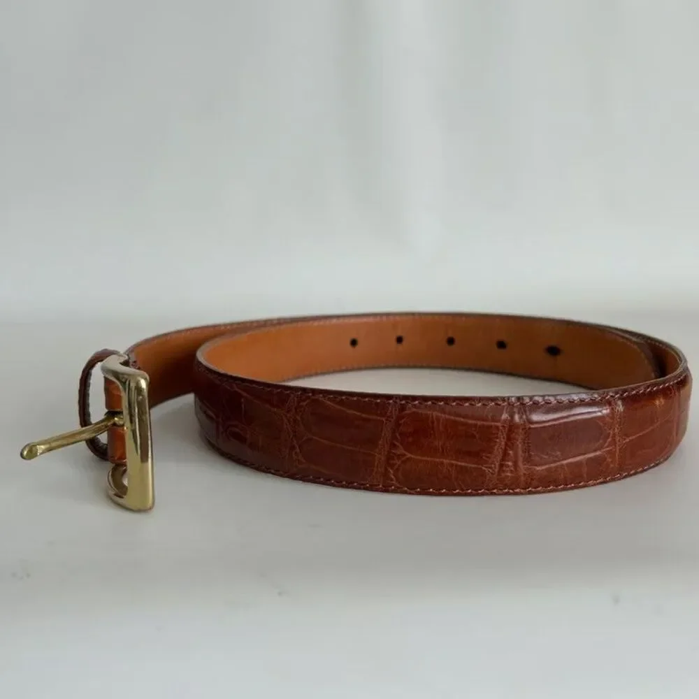 Mens Brown Leather Belt Crocodile Embossed Top Grain Cowhide Gold Buckle Size 38